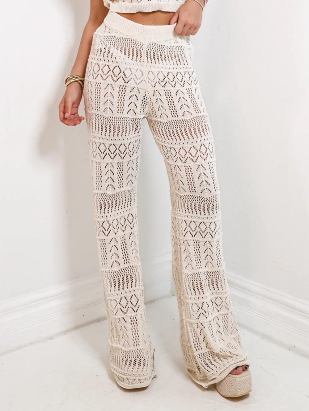 🐚 ELAN Crochet Knit Wide Leg Pant Ivory White Small S